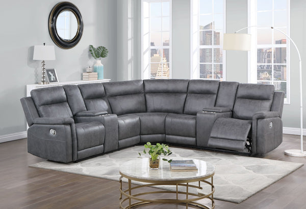 HomeRoots Gray Faux Leather Reclining Curved Corner Sectional with Console – Stylish Comfort for Any Space! 564419