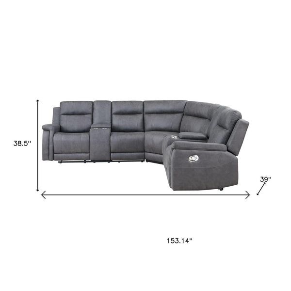 HomeRoots Gray Faux Leather Reclining Curved Corner Sectional with Console – Stylish Comfort for Any Space! 564419