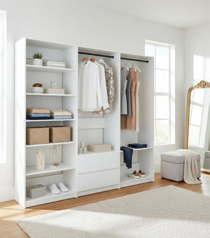 English Elm Prosper White Freestanding Walk-In Wood Closet System — Modular Oak Finish, Durable Melamine, Easy Assembly B040S00146