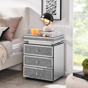 English Elm Mirrored Three Drawer Nightstand with Crystal Diamond Inlay Glam Bedside Storage W1005P248529
