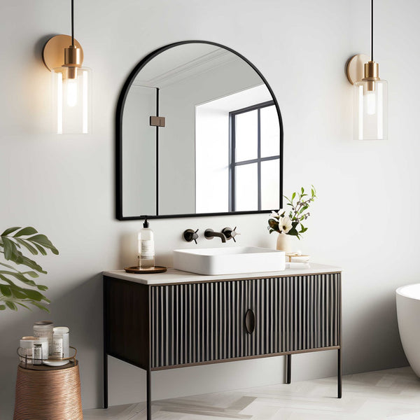 HomeRoots 29" Black Metal Arch Mirror - Modern Minimalist Accent for Entryways, Living Rooms, and Bedrooms 564448