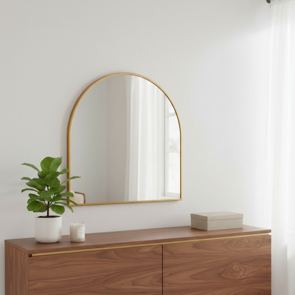HomeRoots 29" Gold Metal Arch Framed Accent Mirror - Elegant Decorative Piece for Living Rooms & Offices 564449