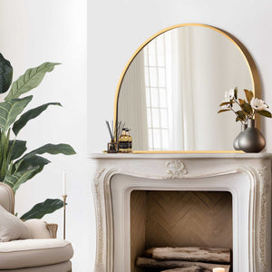 HomeRoots 29" Gold Metal Arch Framed Accent Mirror - Elegant Decorative Piece for Living Rooms & Offices 564449
