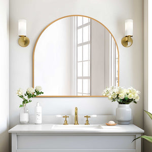 HomeRoots 29" Gold Metal Arch Framed Accent Mirror - Elegant Decorative Piece for Living Rooms & Offices 564449