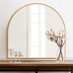 HomeRoots 29" Gold Metal Arch Framed Accent Mirror - Elegant Decorative Piece for Living Rooms & Offices 564449
