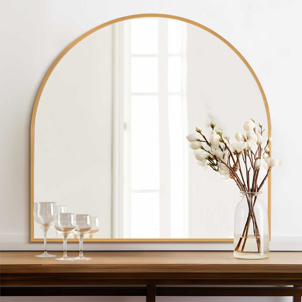 HomeRoots 29" Gold Metal Arch Framed Accent Mirror - Elegant Decorative Piece for Living Rooms & Offices 564449