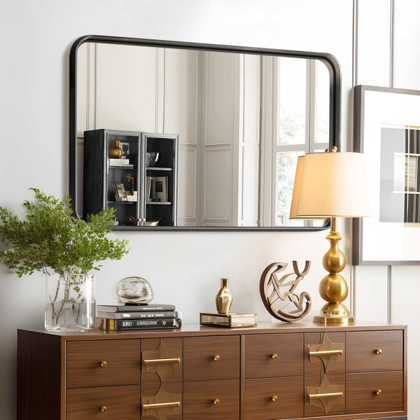 HomeRoots 38" Sleek Black Metal Leaning Accent Mirror - Modern Design for Living Rooms, Bedrooms & More! 564470