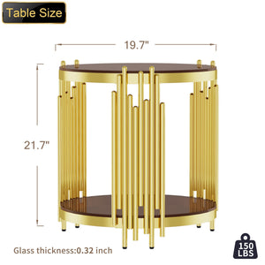 English Elm 19.69inch Gold Round Coffee Table with Crown Frame, 8mm Tempered Glass, Stainless Steel Base, Chic Storage Dark Brown W1550P171522