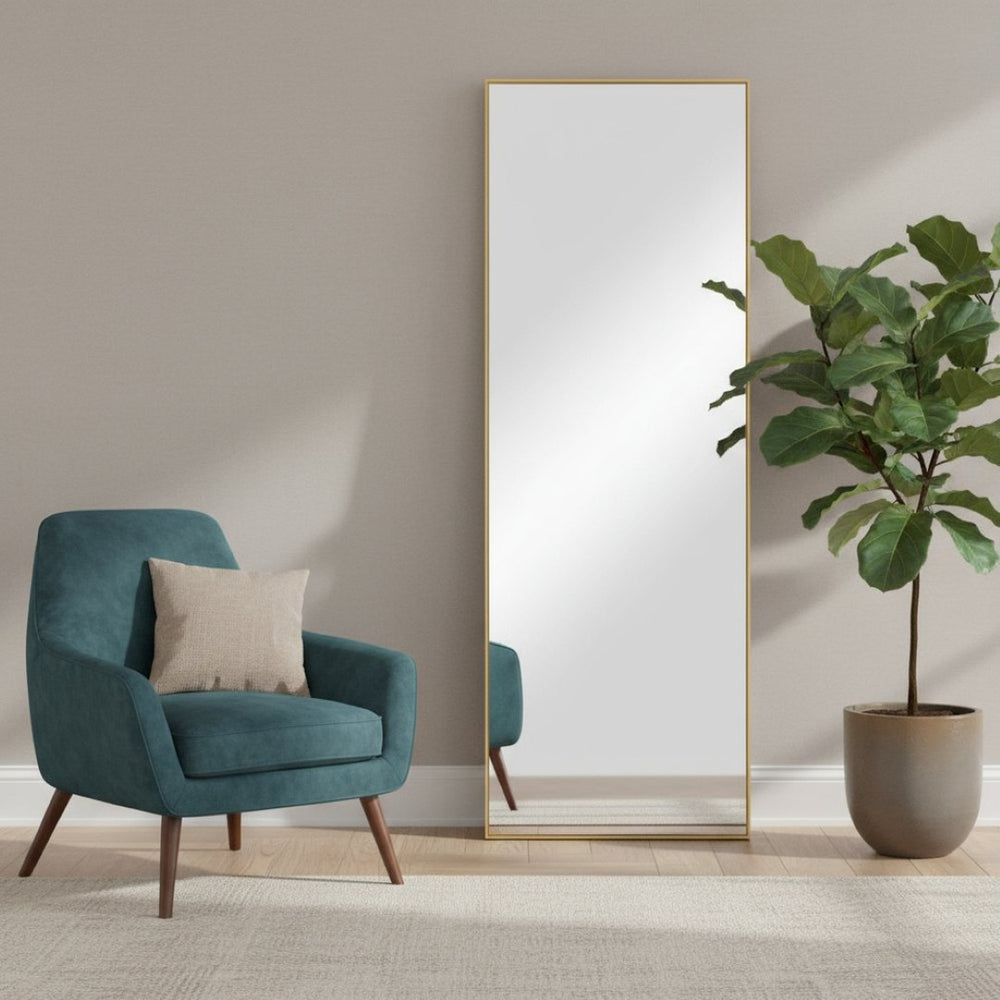 HomeRoots 71" Gold Metal Full-Length Mirror - Stylish Leaning Design for Bedroom, Entryway, and Dressing Areas 564481