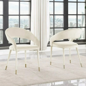English Elm Modern Velvet Upholstered Dining Chair Set Arched Back Gold Tipped Wooden Legs Cream B011P439065