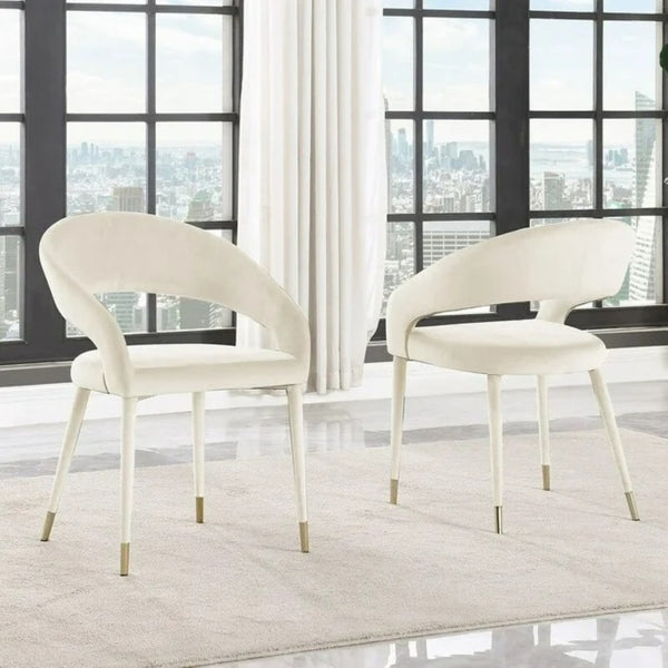 English Elm Modern Velvet Upholstered Dining Chair Set Arched Back Gold Tipped Wooden Legs Cream B011P439065