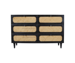 Homeroots 56" Black And Natural Rattan Double Dresser - Stylish Six Drawer Storage For A Chic Bedroom Makeover  Rattan,Solid Wood 564522