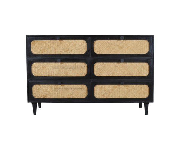 Homeroots 56" Black And Natural Rattan Double Dresser - Stylish Six Drawer Storage For A Chic Bedroom Makeover  Rattan,Solid Wood 564522
