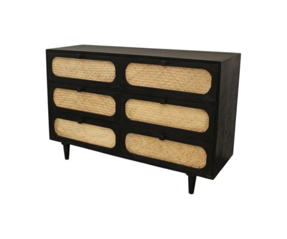 Homeroots 56" Black And Natural Rattan Double Dresser - Stylish Six Drawer Storage For A Chic Bedroom Makeover  Rattan,Solid Wood 564522
