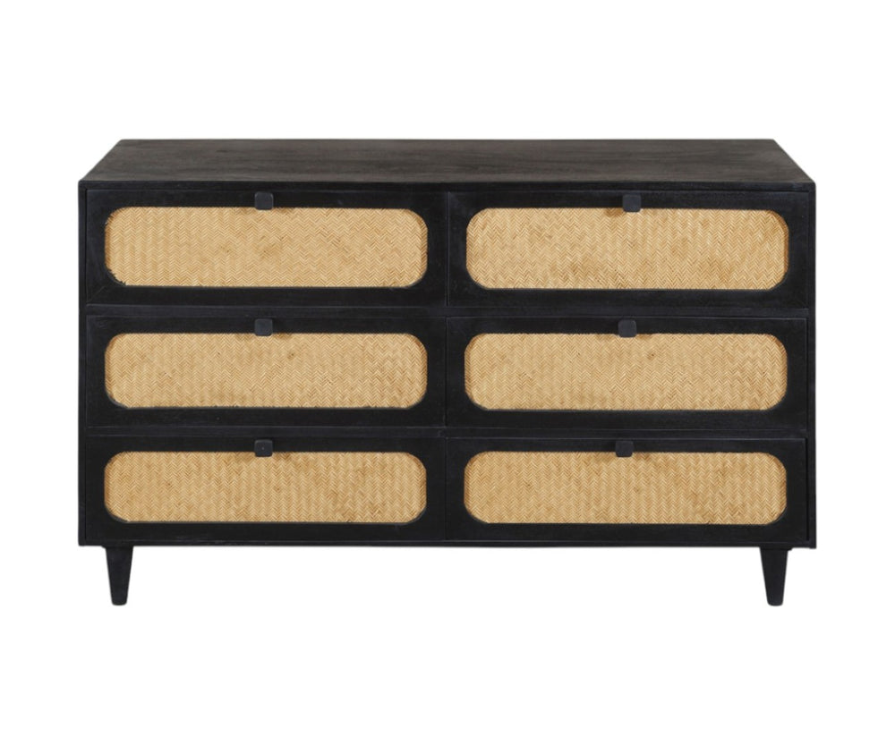 HomeRoots 56" Black and Natural Double Dresser - Solid Mango Wood with Rattan, 6 Drawers for Stylish Storage 564522