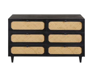 HomeRoots 56" Black and Natural Double Dresser - Solid Mango Wood with Rattan, 6 Drawers for Stylish Storage 564522