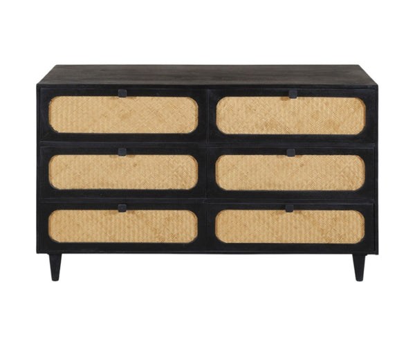 HomeRoots 56" Black and Natural Double Dresser - Solid Mango Wood with Rattan, 6 Drawers for Stylish Storage 564522
