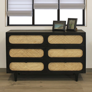 Homeroots 56" Black And Natural Rattan Double Dresser - Stylish Six Drawer Storage For A Chic Bedroom Makeover  Rattan,Solid Wood 564522