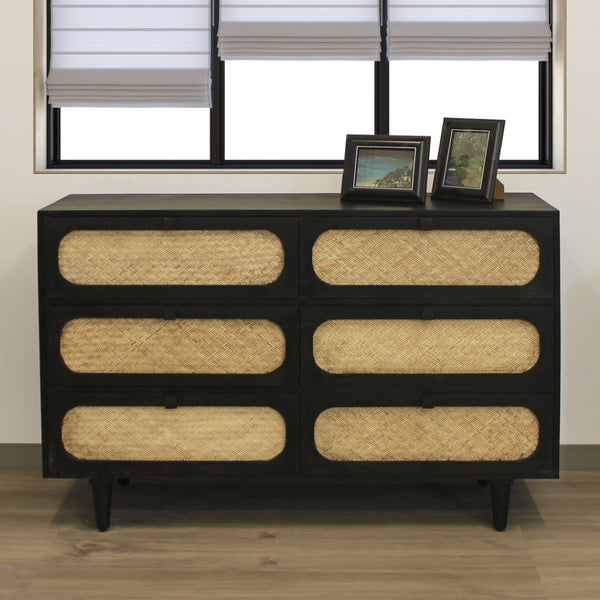 Homeroots 56" Black And Natural Rattan Double Dresser - Stylish Six Drawer Storage For A Chic Bedroom Makeover  Rattan,Solid Wood 564522