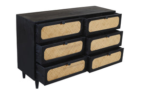 Homeroots 56" Black And Natural Rattan Double Dresser - Stylish Six Drawer Storage For A Chic Bedroom Makeover  Rattan,Solid Wood 564522