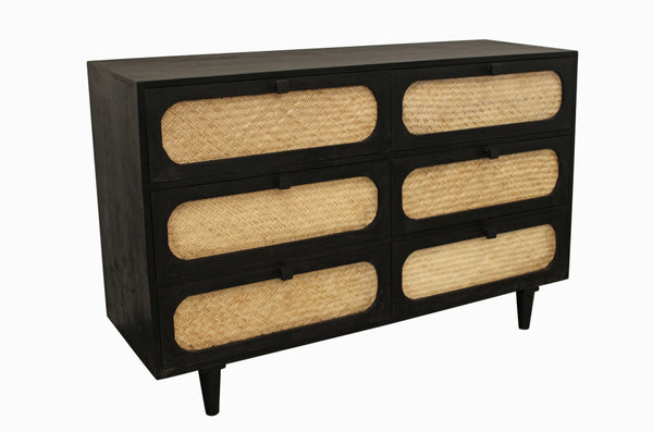 Homeroots 56" Black And Natural Rattan Double Dresser - Stylish Six Drawer Storage For A Chic Bedroom Makeover  Rattan,Solid Wood 564522