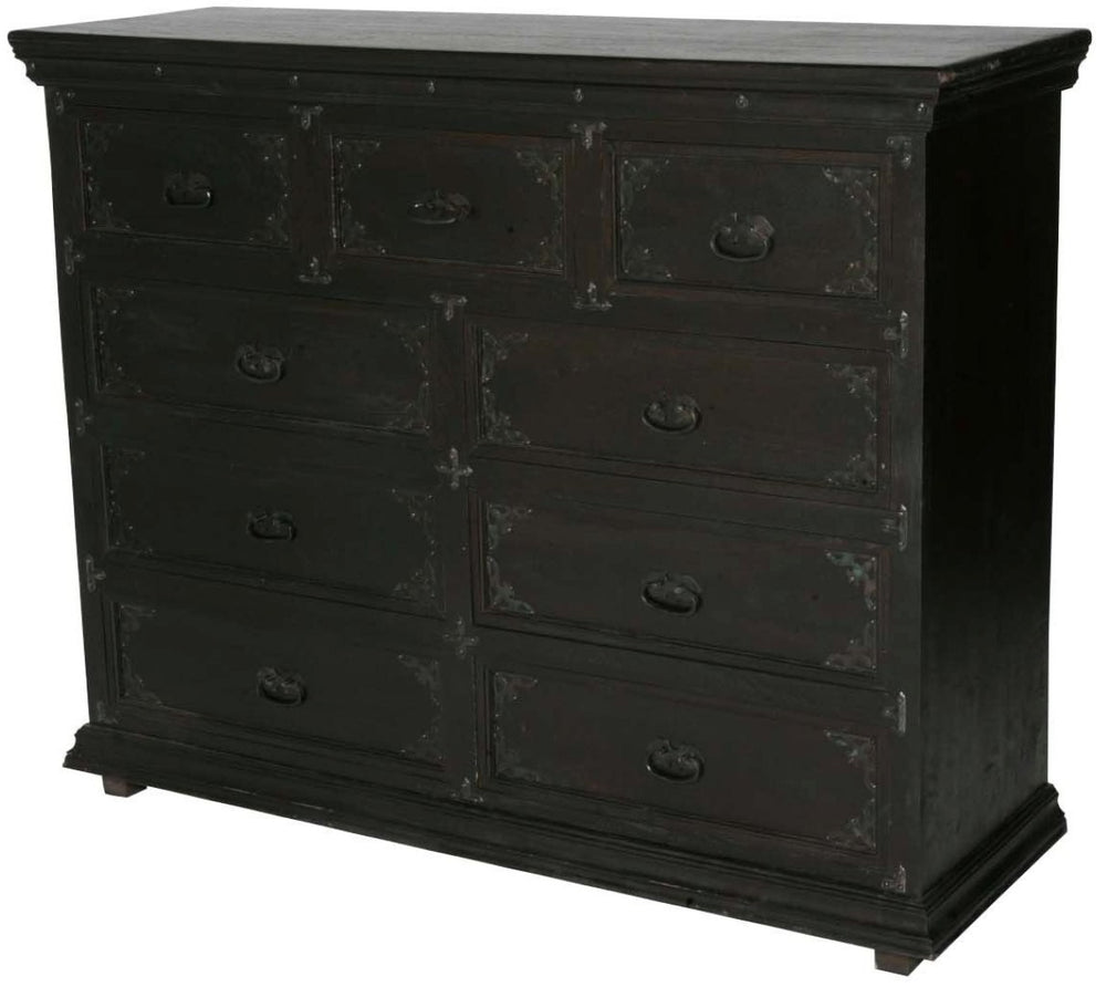 HomeRoots 60" Dark Brown Double Dresser with Carved Scrollwork - Solid Wood Nine Drawer Storage for Elegance 564526
