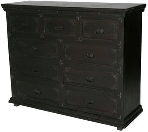 HomeRoots 60" Dark Brown Double Dresser with Carved Scrollwork - Solid Wood Nine Drawer Storage for Elegance 564526