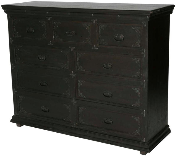HomeRoots 60" Dark Brown Double Dresser with Carved Scrollwork - Solid Wood Nine Drawer Storage for Elegance 564526