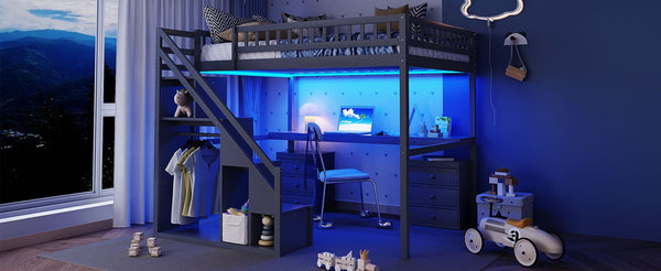 English Elm Full Size Loft Bed with Desk Drawers Led Strip and Staircase for Teen Rooms Gray LT000258AAE-1