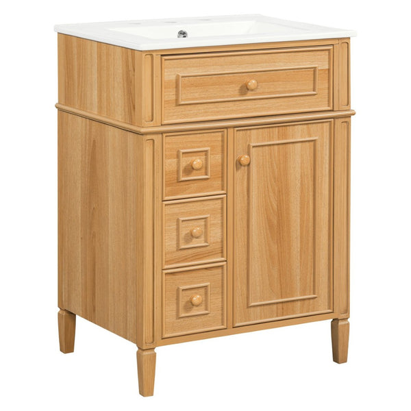 English Elm 24" Solid Pine Bathroom Vanity Cabinet with Ceramic Sink Soft Close Drawers N725P375500N