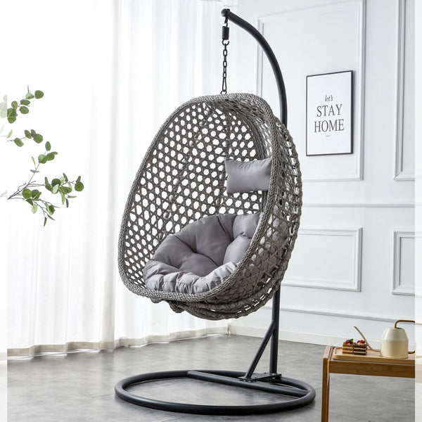 English Elm Egg Swing Chair Woven Rattan Basket Seat with Stand Cushion for Patio Bedroom W1512P498597