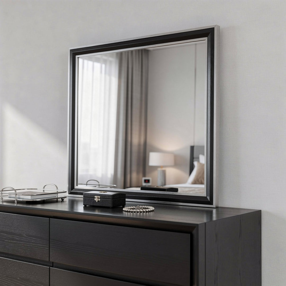 HomeRoots 39" Black and Gray Wood Dresser Mount Mirror - Stylish Framed Accent for Bedroom or Vanity Decor 564628