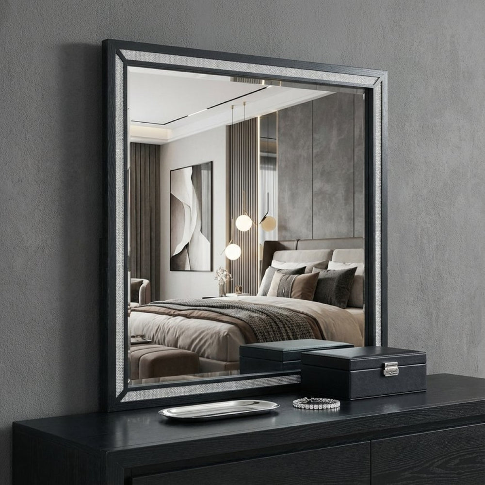 HomeRoots 37" Elegant Black Wood Framed Mirror with Faux Crystal Accents – Stylish Decor for Any Room 564638