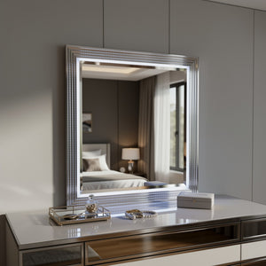 HomeRoots 42" Elegant Silver and White Framed Lighted Dresser Mirror – Modern Design for Any Bedroom Decor 564643