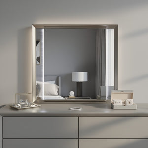 HomeRoots 38" Elegant Lighted Dresser Mirror with Wood Frame and Silver Finish for Stylish Bedroom Decor 564644