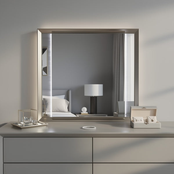 HomeRoots 38" Elegant Lighted Dresser Mirror with Wood Frame and Silver Finish for Stylish Bedroom Decor 564644