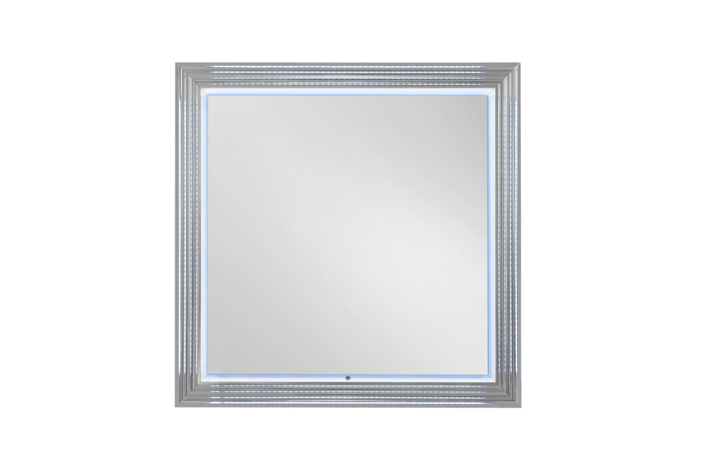 HomeRoots 42" Silver Wood Square Lighted Dresser Mirror - Modern Elegance & Bright Illumination for Your Space 564645