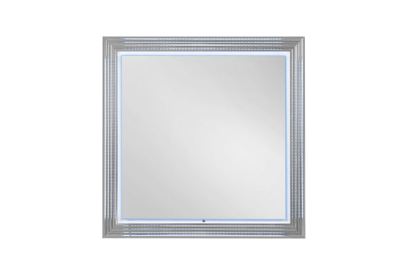 HomeRoots 42" Silver Wood Square Lighted Dresser Mirror - Modern Elegance & Bright Illumination for Your Space 564645