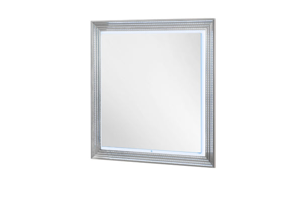 HomeRoots 42" Silver Wood Square Lighted Dresser Mirror - Modern Elegance & Bright Illumination for Your Space 564645