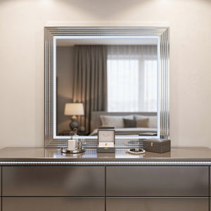 HomeRoots 42" Silver Wood Square Lighted Dresser Mirror - Modern Elegance & Bright Illumination for Your Space 564645