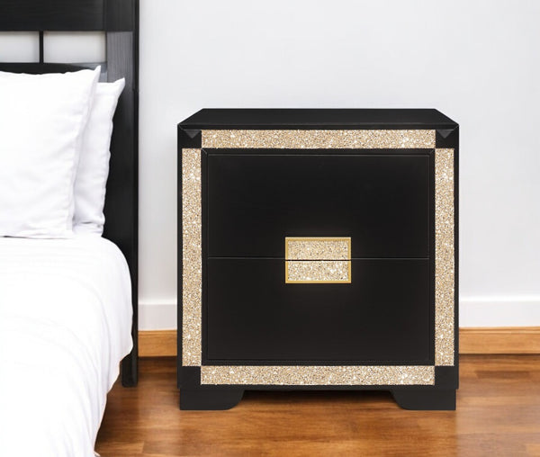 Homeroots 26" Black And Gold Two Drawer Faux Crystal Bling Wood Nightstand   564649