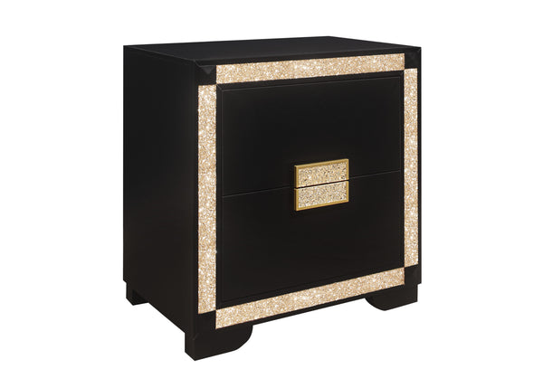Homeroots 26" Black And Gold Two Drawer Faux Crystal Bling Wood Nightstand   564649