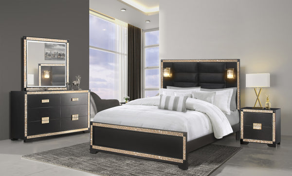 Homeroots 26" Black And Gold Two Drawer Faux Crystal Bling Wood Nightstand   564649