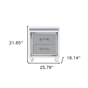 Homeroots 22" White And Silver Two Drawer Faux Crystal Bling Wood Nightstand   564651