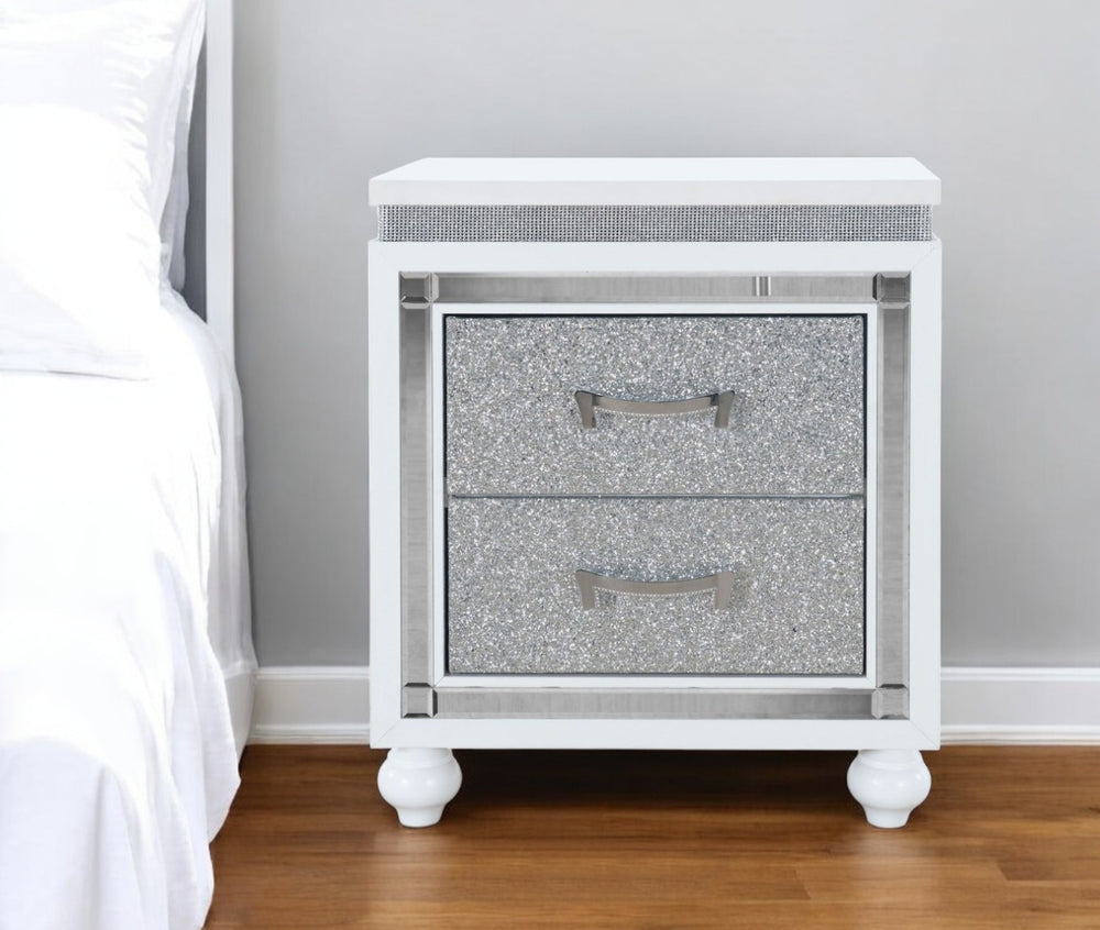 Homeroots 22" White And Silver Two Drawer Faux Crystal Bling Wood Nightstand   564651