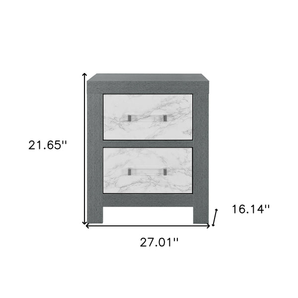 Homeroots 22" Gray And White Two Drawer Wood And Faux Marble Nightstand   564653