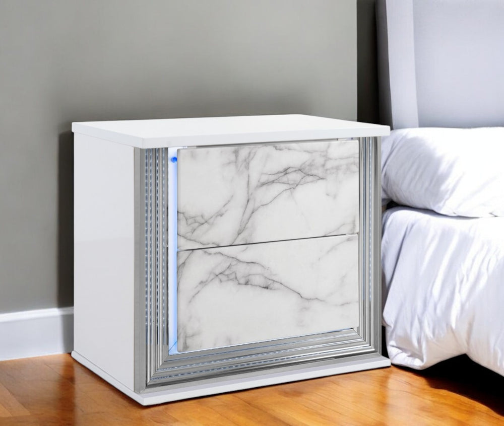 Homeroots 25" White Two Drawer Wood And Faux Marble Lighted Nightstand   564663