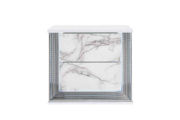 Homeroots 25" White Two Drawer Wood And Faux Marble Lighted Nightstand   564663
