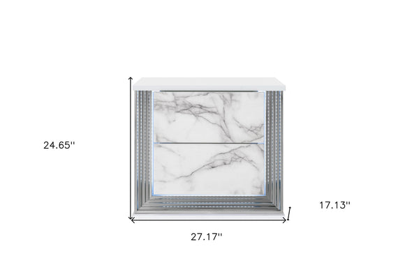 Homeroots 25" White Two Drawer Wood And Faux Marble Lighted Nightstand   564663