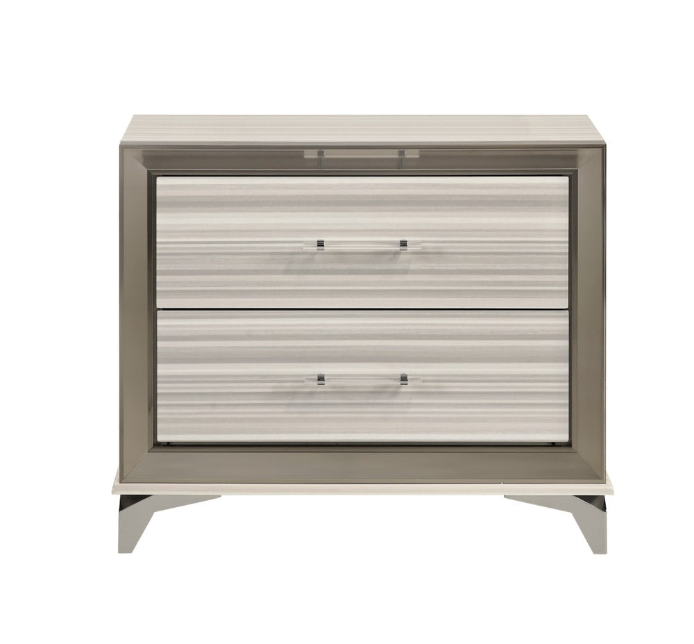 HomeRoots 25" Silver and White Lighted Nightstand with Two Drawers – Modern Luxury for Your Bedroom Decor! 564664